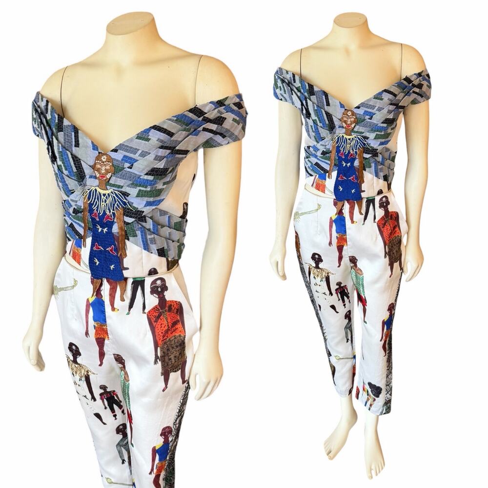 Sara Melki Two Piece Pant Set Off Shoulder Top Africa Multicolor Handmade Small